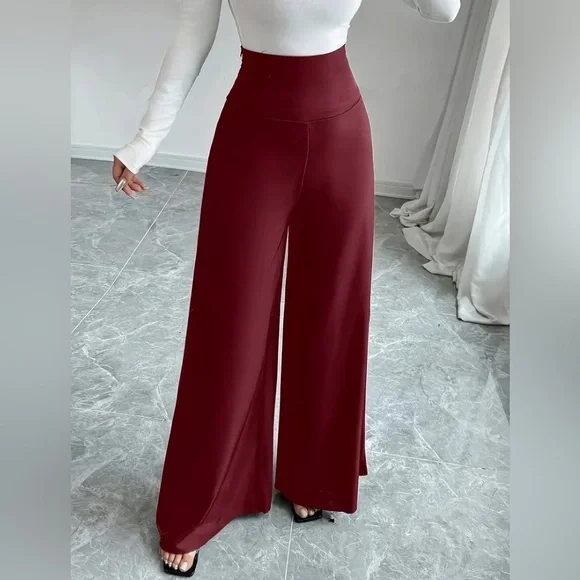 Elegant Red Wide-Leg Stretch Pants with wide band. High rise fit. NWT. - Picture 1 of 5